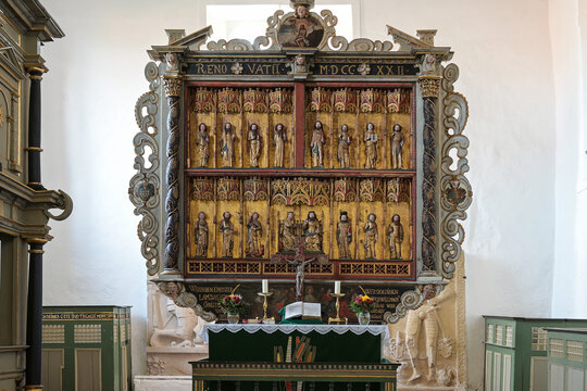Gudow, Germany, November 13, 2020: Medieval carved altar under influence of master Bertram in the St. Mary's Church from Gudow, Schleswig-Holstein