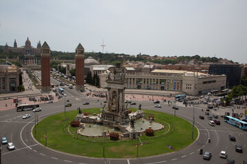 Obraz premium The beautiful view from the arenas de Barcelona (the old Bullring),towards the Montjuic, the National Museum of Catalan art Palau, the amazing fountains, the Venetian tower, Plaza Spain, Catalonia Spa