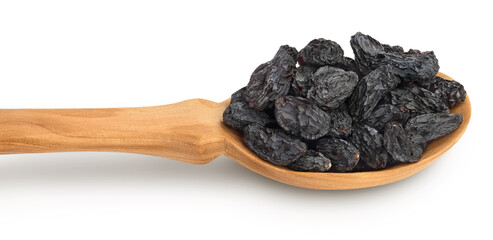 Yellow raisins in wooden spoon isolated on white background with clipping path and full depth of field