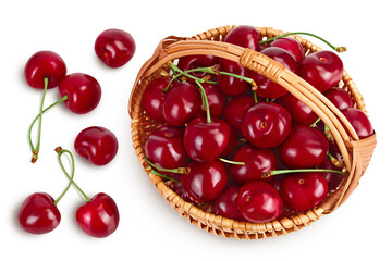 red sweet cherry in wicker basket isolated on white background with clipping path and full depth of field, Top view. Flat lay