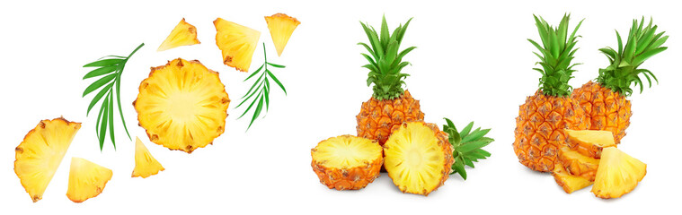 pineapple half and slices isolated on white background with full depth of field, Set or collection