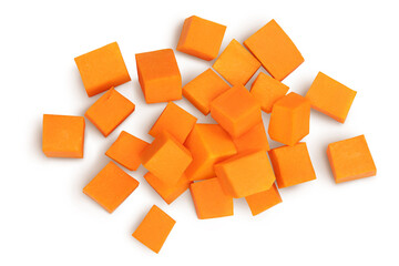 Fototapeta na wymiar butternut squash diced isolated on white background with clipping path and full depth of field. Top view. Flat lay
