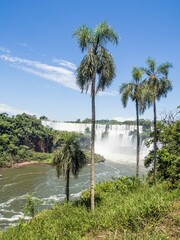 Aerial view of iguazu falls from the brazilian side in sunny day with blue sky