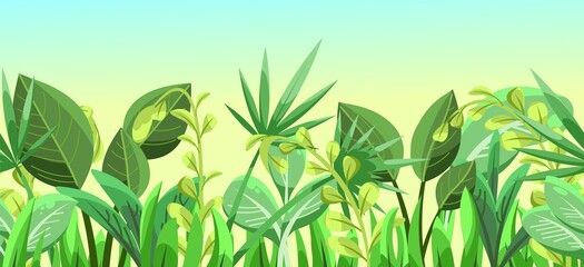 Green tropical herbs and bushes. Horizontal seamless composition. Jungle meadow. Shoots of palms and plants. Funny cartoon style. Green exotic landscape. Vector.