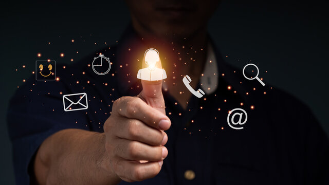 A businessman points to an operator's symbol, with icons for after-sales services. The communication channel of customer satisfaction