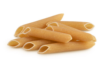 Wolegrain penne pasta from durum wheat isolated on white background with clipping path and full depth of field.