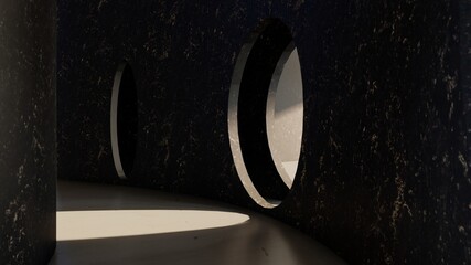 Interior architecture background black corridor with round openings 3d render