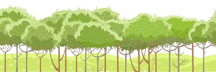 Thin young trees. Grassy green hills. Beautiful and graceful landscape. Isolated on white background. Flat style. Cartoon design. Seamless, Vector