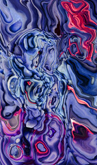Abstract blue, red and violet fluid texture. Swirling paint effect background. Design backdrop. Liquid ink template. Acrylic resin. Bright screen. Very Peri trendy color gradient of the year 2022.