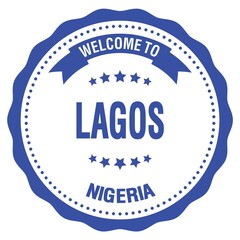 WELCOME TO LAGOS - NIGERIA, words written on blue stamp