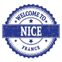 WELCOME TO NICE - FRANCE, words written on blue stamp