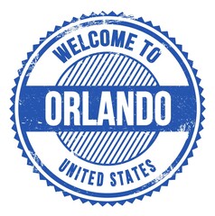 WELCOME TO ORLANDO - UNITED STATES, words written on light blue stamp
