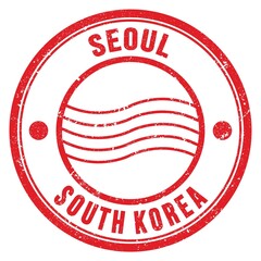 SEOUL - SOUTH KOREA, words written on red postal stamp