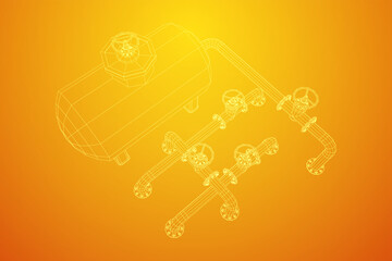 Oil tank storage of flammable materials and pipeline with valve. Finance economy polygonal petrol production. Petroleum fuel industry transportation line. Wireframe low poly mesh vector illustration.