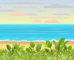 Fototapeta na wymiar Frontal view of the seashore. Blooming grassy meadow with flowers. Waves along the surf line. Yellow sandy beach. Soft sunset sky with light clouds. Distant horizon. Seamless Vector.
