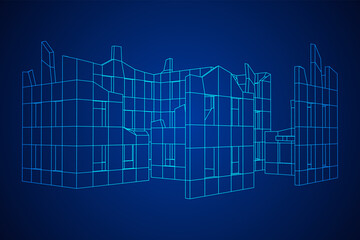 Destroyed building ruin and concrete, war destruction concept. Wireframe low poly mesh vector illustration.