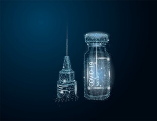 Vaccine bottle with a label Covid- 19 Vaccine with medical syringe isolated. Vaccination for prevention, immunization, treatment to virus