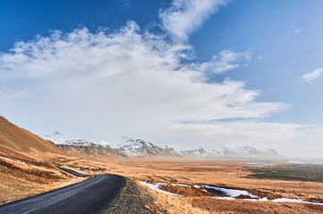 Road trip: Route 574 to Staðarsveit coast in Snæfellsnes peninsula (region of Vesturland, Iceland). Loneliness landscape.