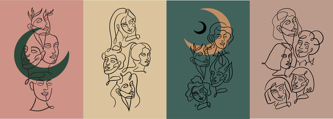 Set of magical vector illustrations with women portrait and moon.