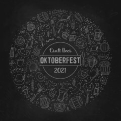 Oktoberfest 2021 - Beer Festival. Hand-drawn. A set of elements in the form of a circle. Chalkboard background.