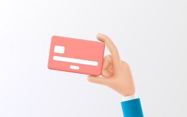 Cartoon hand of businessman holds debit or credit card. Vector illustration of concept of contactless payment or online shopping and online banking. 3d illustration with debit or credit card.