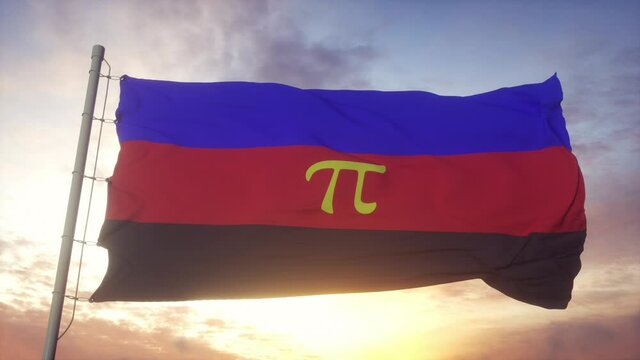 Polyamory pride flag waving in the wind, sky and sun background