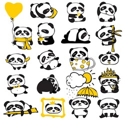 Panda doodle kid set. Simple design of cute pandas and individual elements perfect for kid's card, banners, stickers and other kid's things.