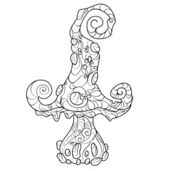 Illustration of a black empty contour of a mushroom on a white background. Magic poisonous mushroom. Mushroom hand drawn engraving. Isolated vector illustrations for coloring