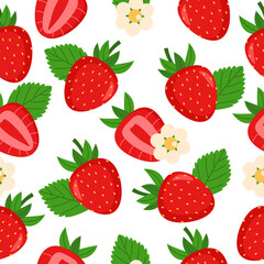 Seamless pattern with strawberries, green leaves and flowers. Can be used for wallpaper, pattern fills, web page background, surface textures
