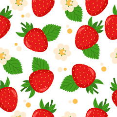 Seamless pattern with strawberries, green leaves and flowers. Can be used for wallpaper, pattern fills, web page background, surface textures