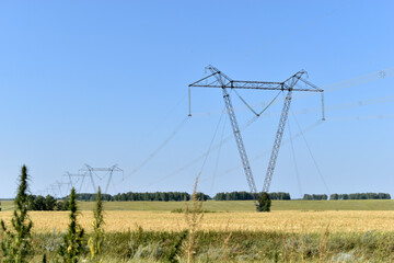 Power lines in the field in the summer on the road