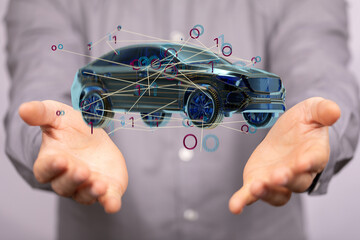 Autonomous car with HUD graphic of Navigation system driving