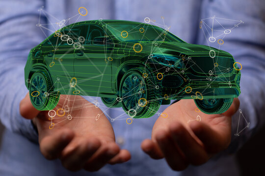 Autonomous car with HUD graphic of Navigation system driving