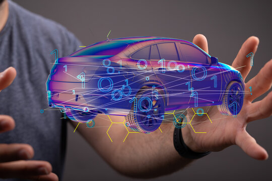 Autonomous car with HUD graphic of Navigation system driving