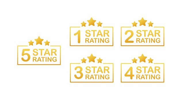 5 star rating. Badge with icons on white background. Motion graphics