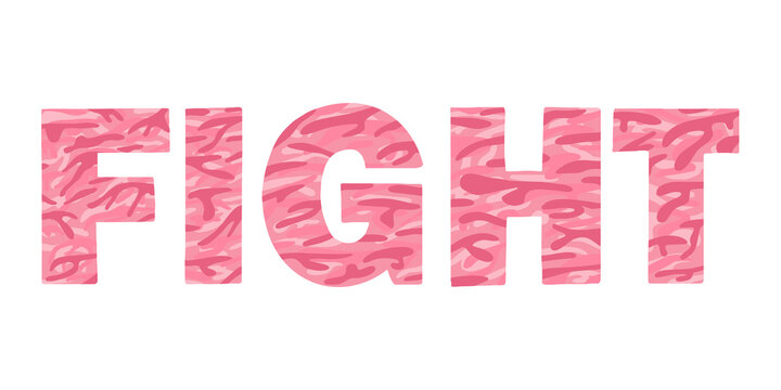 Breast cancer awareness month motivational logo with text Fight in pink camouflage pattern. Symbol of fight with breast cancer oncology disease. Girly army military hope slogan