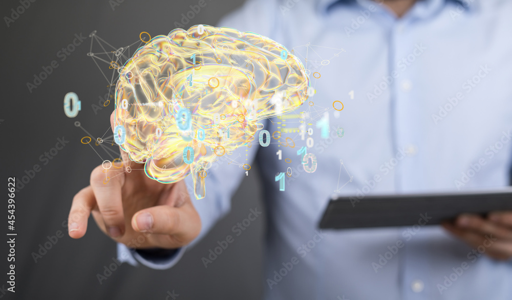 Poster 3d render of a holographic digital style human brain conveying the idea