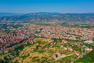  Bulgaria, Sandanski, city panorama view from drone. Amazing old Balkan village in Europe famous for hot springs mineral water - 454396838