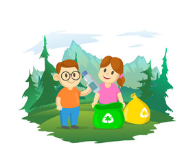 Cute little boy and girl collecting plastic garbage and segregating waste. Forest and mountain landscape in the background. Waste sorting management, recycling, ecology. Cartoon vector illustration.