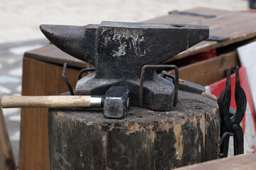 Antique anvil for a blacksmith at the festival of historical reconstruction