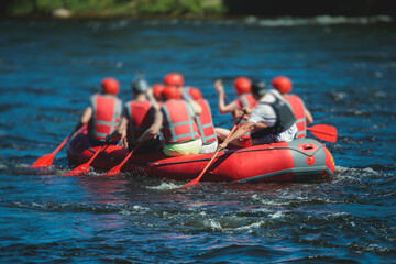 Raft boat during whitewater rafting extreme water sports on water rapids, kayaking and canoeing on the river, water sports team with a big splash of water