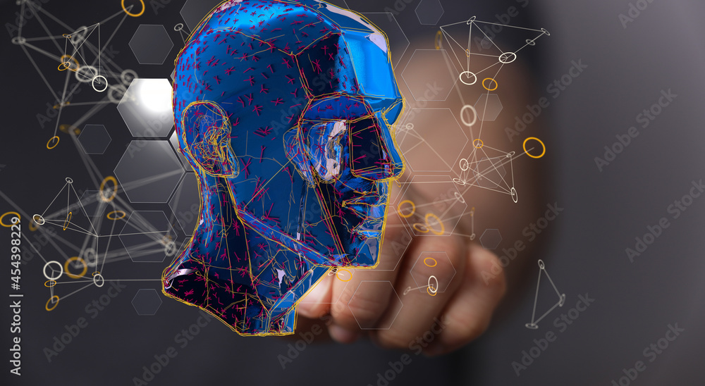 Poster human head and brain with artificial intelligence concept