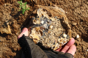 Large stone in hand, rough agate, searching for stones in a sand quarry