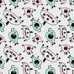 Funny and cute seamless pattern with different monsters. Print for children's clothes, baby textiles, notebook covers, boy's room wallpaper, kids bedding, wrapping paper.