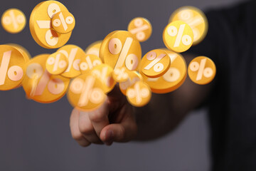 Red cubes percent falling on a white background. 3d rendering. Illustration for advertising.