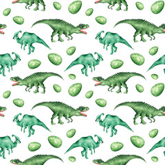 Green dinosaurs watercolor seamless pattern. Dino baby pattern. Dinosaur eggs. Paleontology. Prehistoric animal. Types of dinosaurs. Animal print. For printing on textiles, fabrics, packaging, covers