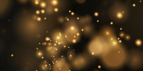 Fototapeta na wymiar Gold sparkling dust with gold sparkling stars on a transparent background. Glittering texture. Christmas effect for luxury greeting rich card.
