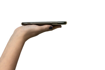 Mobile cell phone with blank black screen in female hand isolated on white background