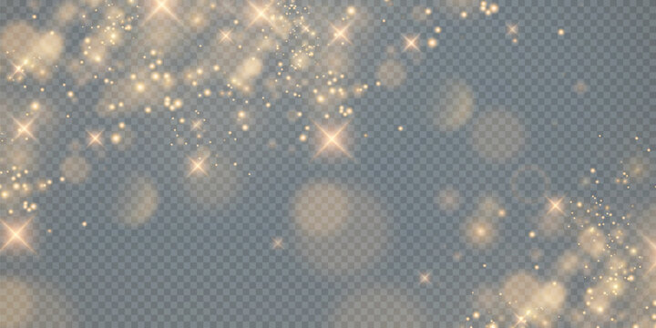 Bokeh light lights effect background. Christmas background of shining dust Christmas glowing light bokeh confetti and spark overlay texture for your design. Gold dust PNG.