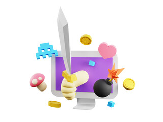 Hand with a sword sticking out of the monitor. Retro gaming 3D render illustration. 8bit pixel art style arcade game concept poster.